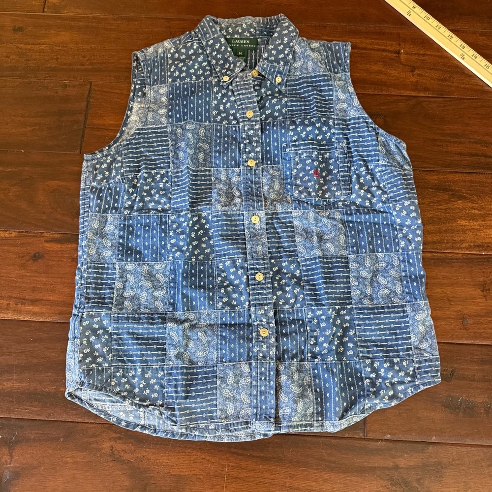Lauren Ralph Lauren green label sleeveless chambray button front top - Picture 9 of 12